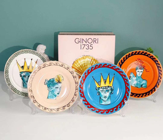 Ginori 1735 Il Viaggio Di Nettuno Flat Dinner Plates – Set of 4, Greek Key Design with Gold Accents