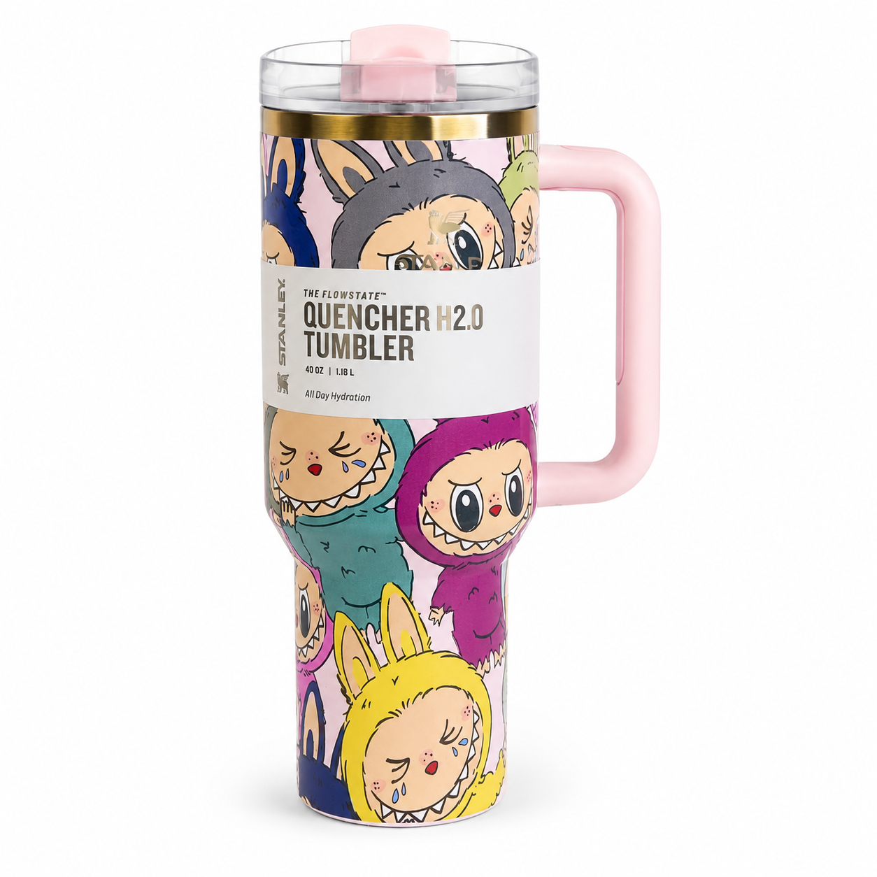Stanley Quencher H2.0 FlowState tumbler 40 oz in Labubu design, stainless steel with handle and straw