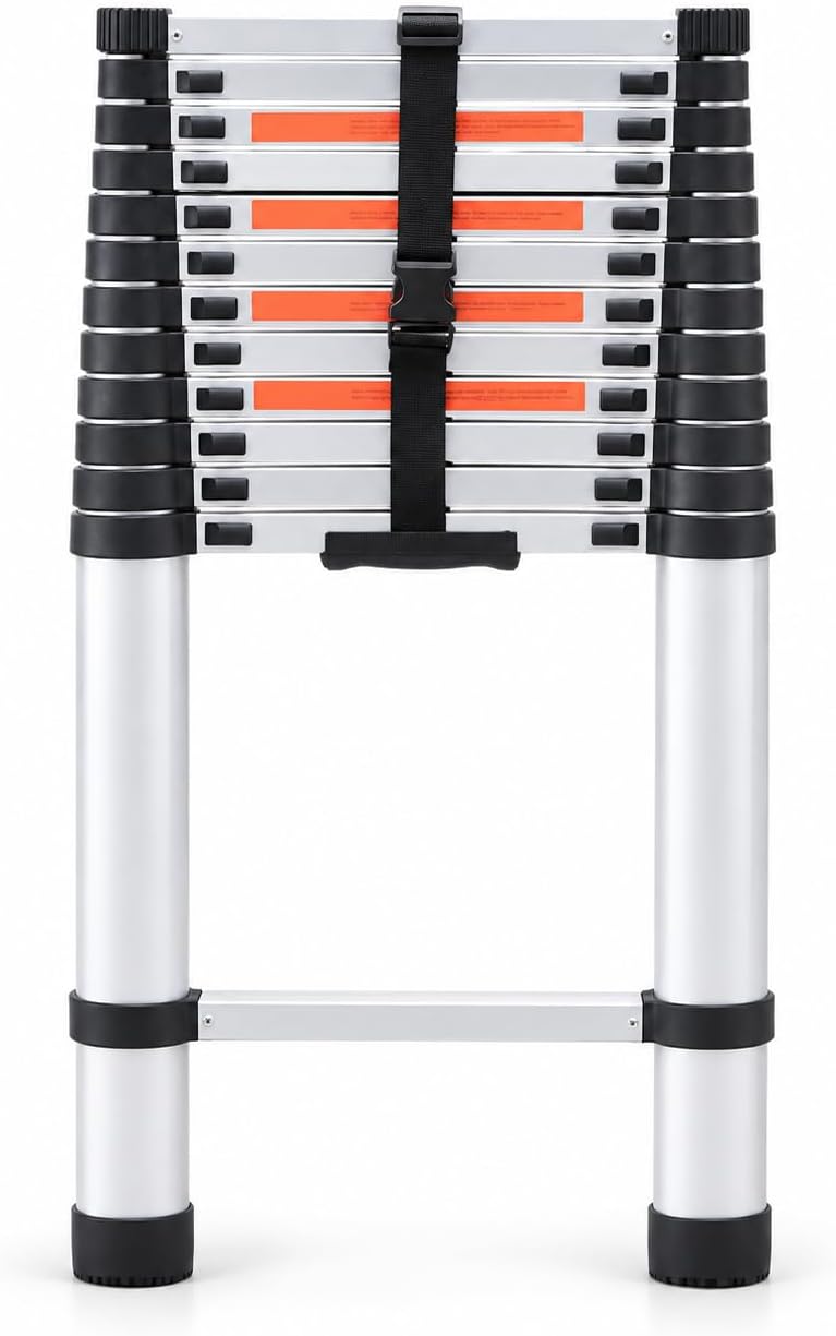 Collapsed silver aluminium telescoping ladder with securing strap