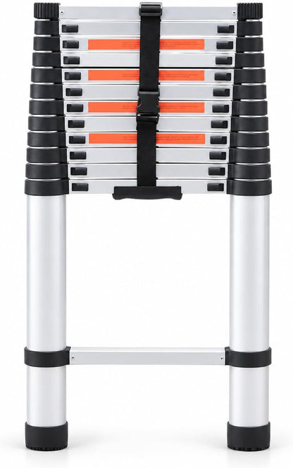 Collapsed silver aluminium telescoping ladder with securing strap
