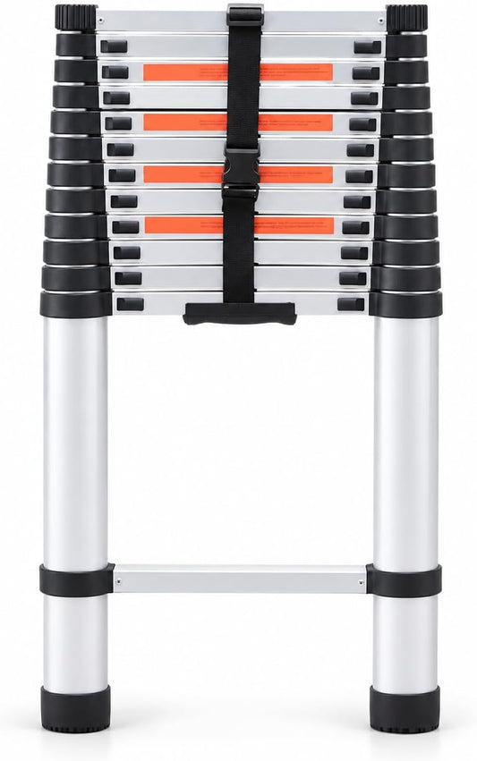 Collapsed silver aluminium telescoping ladder with securing strap
