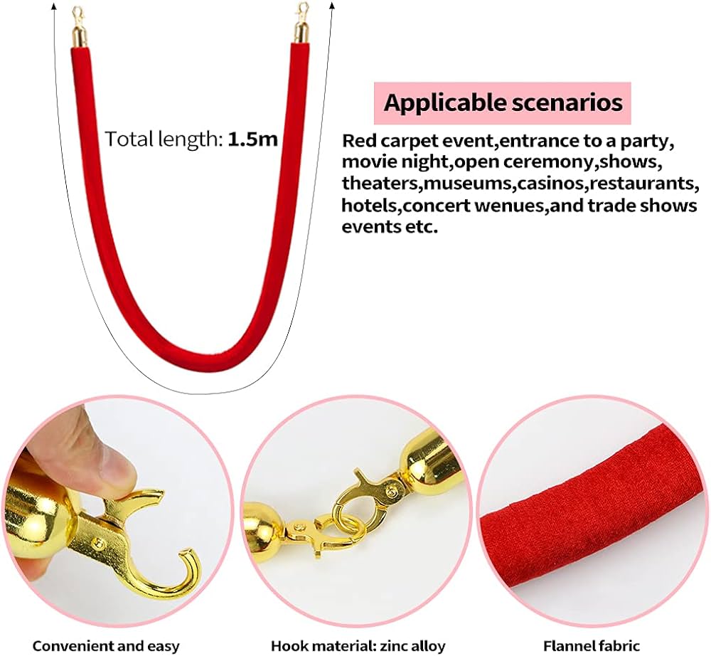 TAZEET red velvet stanchion ropes with gold hooks - alternate view