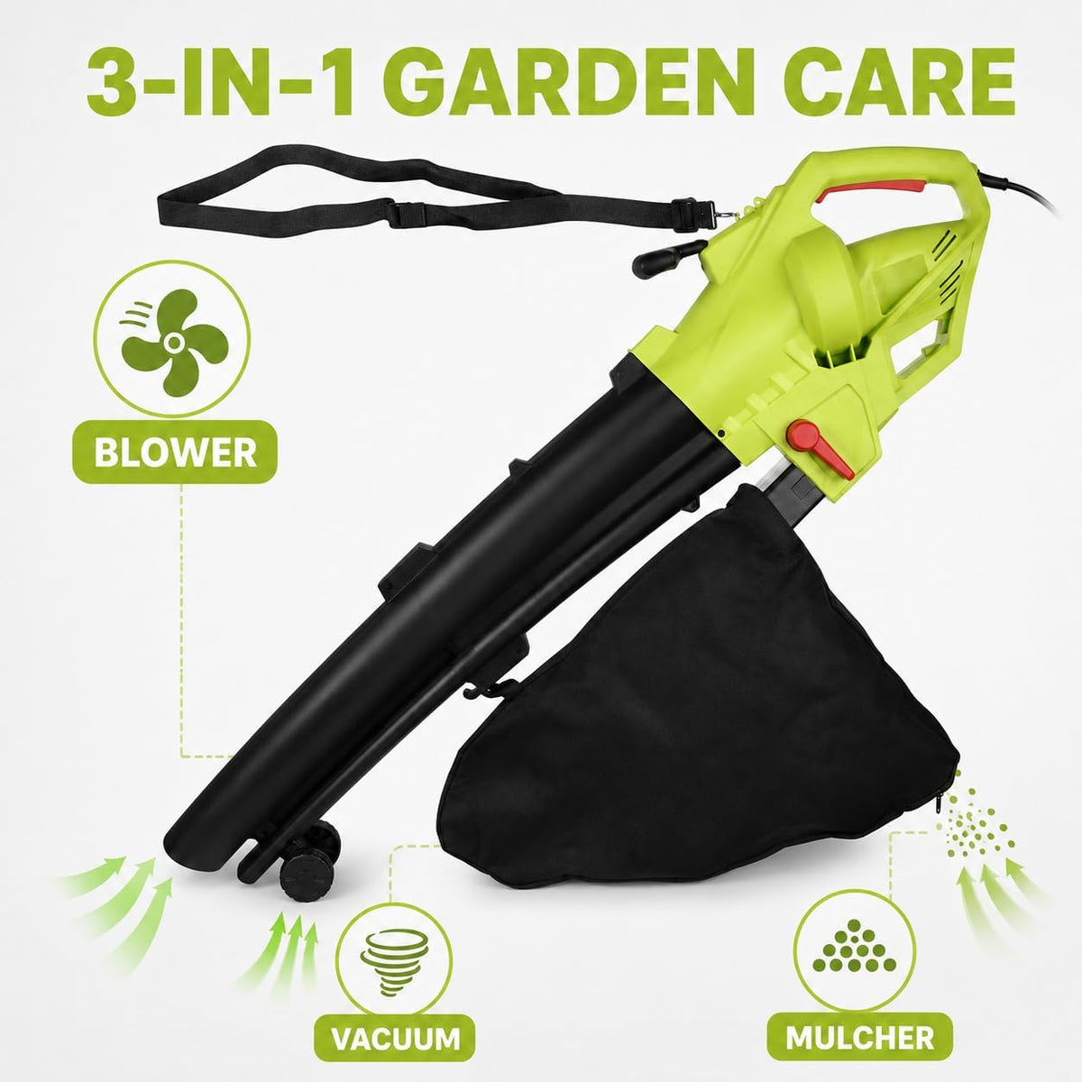 TAZEET 3000W leaf blower, vacuum and mulcher - features and dimensions