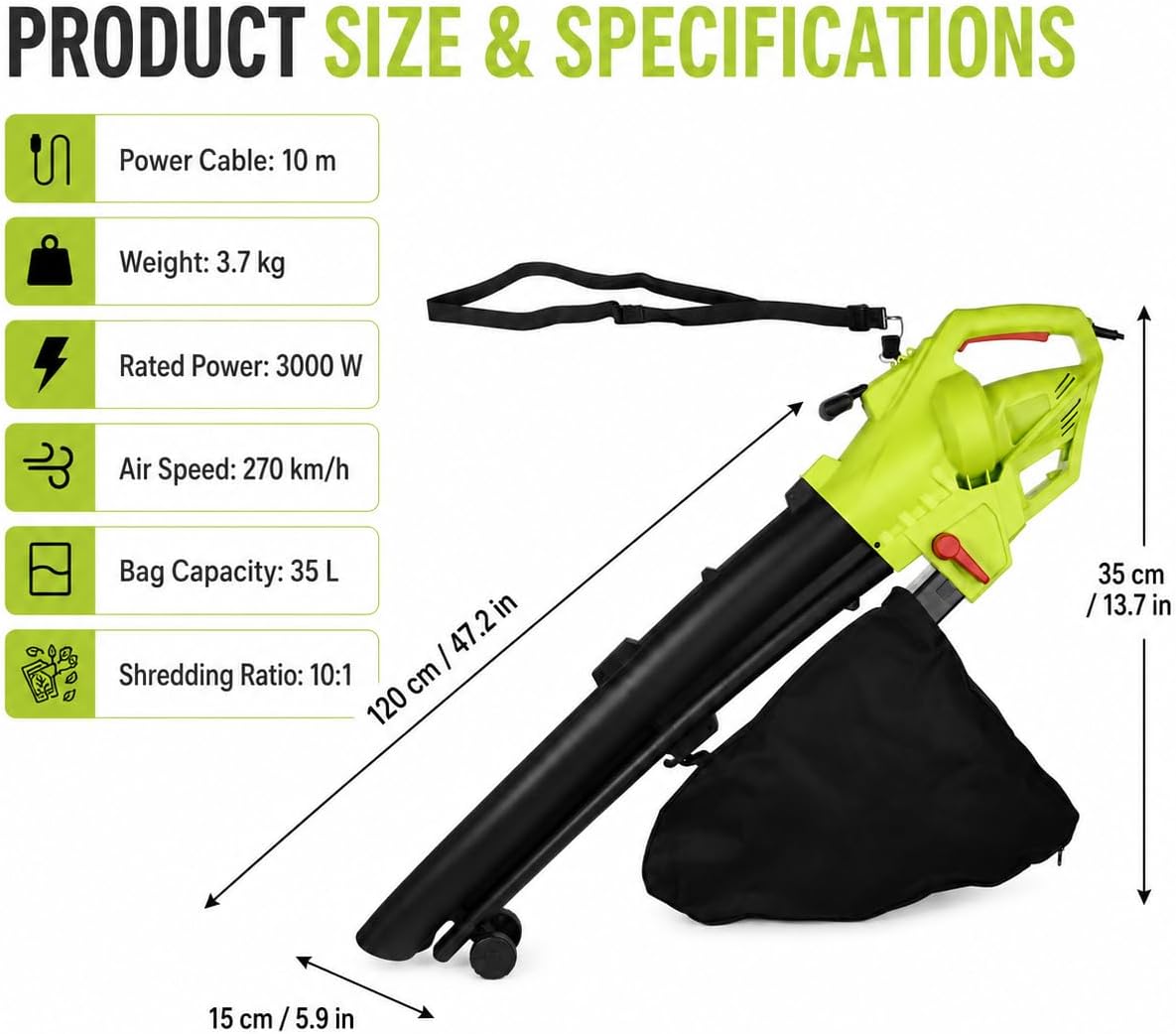 TAZEET 3000W leaf blower, vacuum and mulcher - setup view