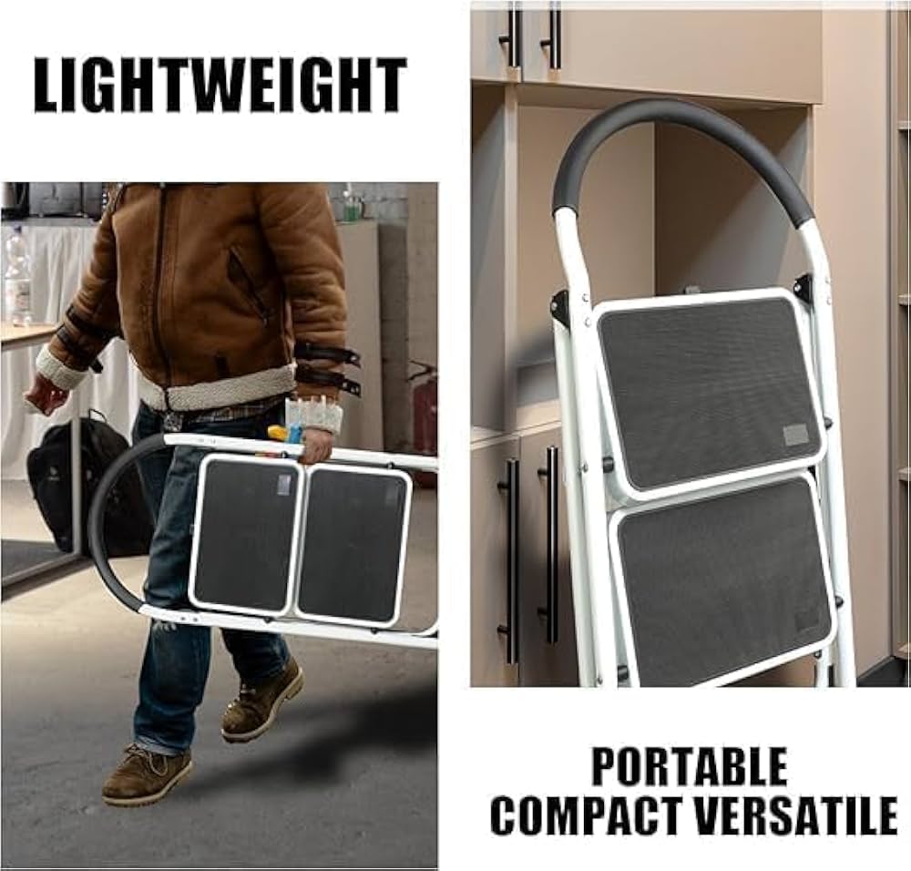 TAZEET 2-step folding ladder with handrail - features and dimensions