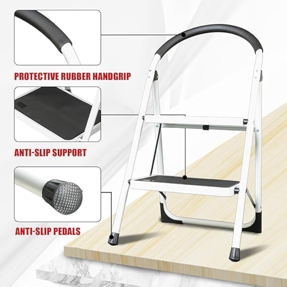 TAZEET 2-step folding ladder with handrail - setup view
