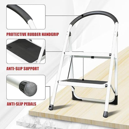 TAZEET 2-step folding ladder with handrail - setup view