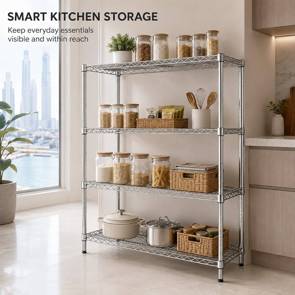 TAZEET 4-tier chrome wire shelving unit - setup view