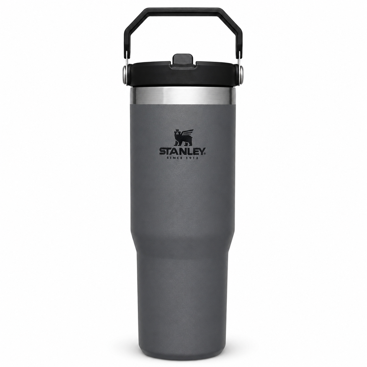 Stanley IceFlow Flip Straw Tumbler 30 oz in charcoal, stainless steel with flip-up straw and handle