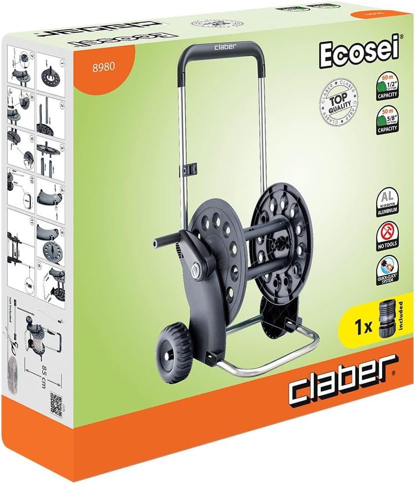 Claber Ecosei Hose Reel - Professional Grade, 60m Capacity, Durable Polypropylene & Aluminum, Black - Tazeet.com