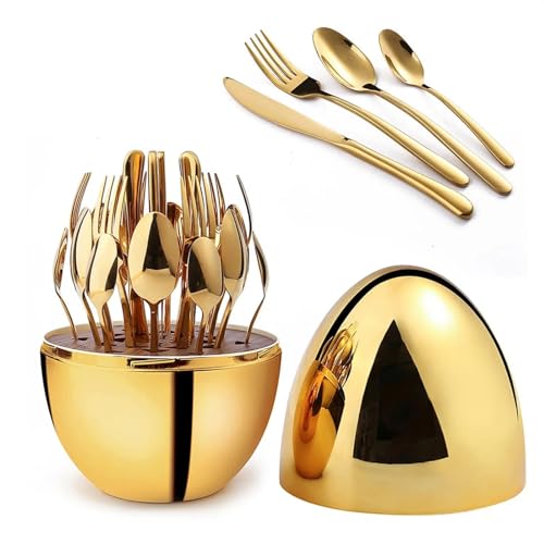 Elegance Stainless Steel Egg Cutlery Organizer - 24 Pcs Gold Set, Spoon, Fork, Knife - Luxurious Dinner Cutlery Set - Tazeet.com