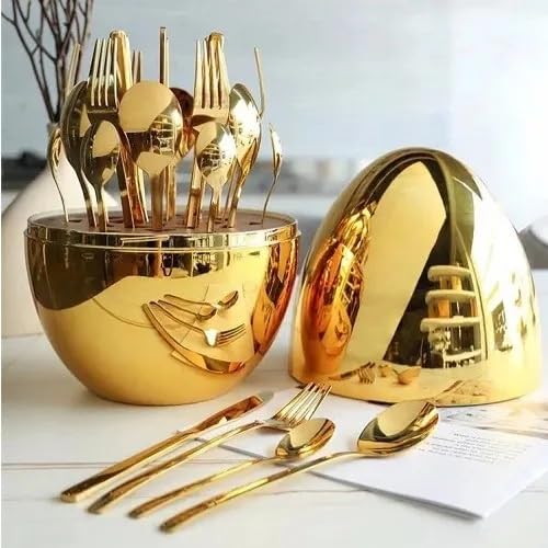 Elegance Stainless Steel Egg Cutlery Organizer - 24 Pcs Gold Set, Spoon, Fork, Knife - Luxurious Dinner Cutlery Set - Tazeet.com