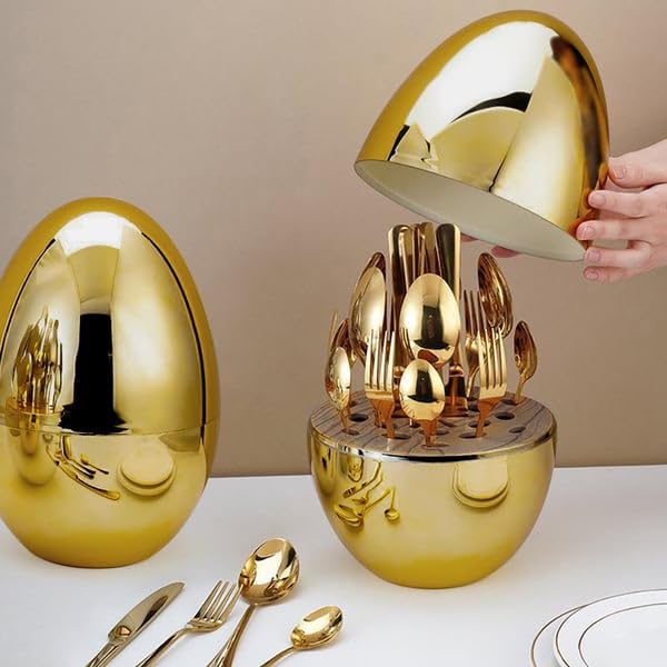 Elegance Stainless Steel Egg Cutlery Organizer - 24 Pcs Gold Set, Spoon, Fork, Knife - Luxurious Dinner Cutlery Set - Tazeet.com