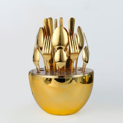 Elegance Stainless Steel Egg Cutlery Organizer - 24 Pcs Gold Set, Spoon, Fork, Knife - Luxurious Dinner Cutlery Set - Tazeet.com