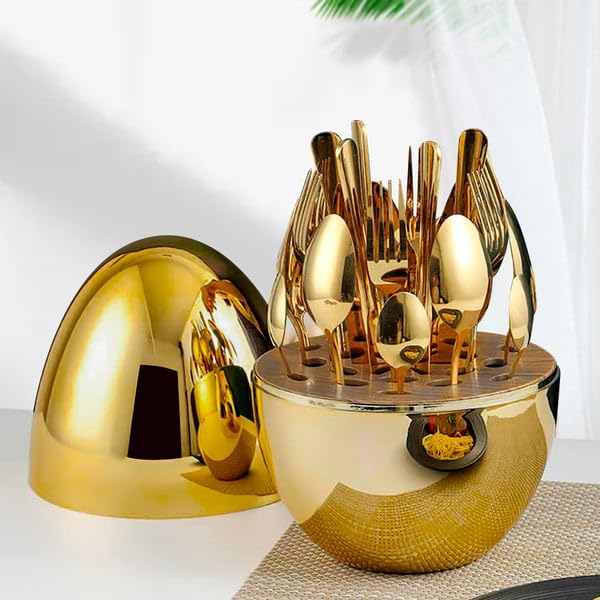 Elegance Stainless Steel Egg Cutlery Organizer - 24 Pcs Gold Set, Spoon, Fork, Knife - Luxurious Dinner Cutlery Set - Tazeet.com