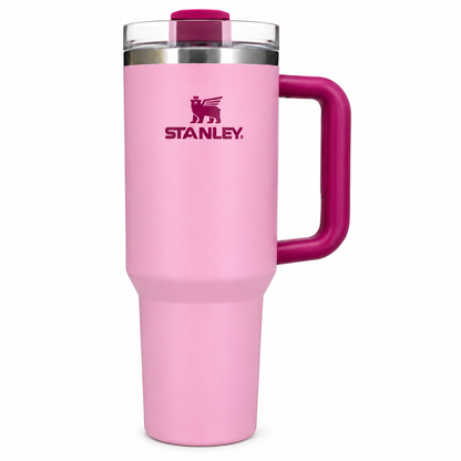 Stanley Quencher H2.0 tumbler in flamingo, stainless steel with handle and straw