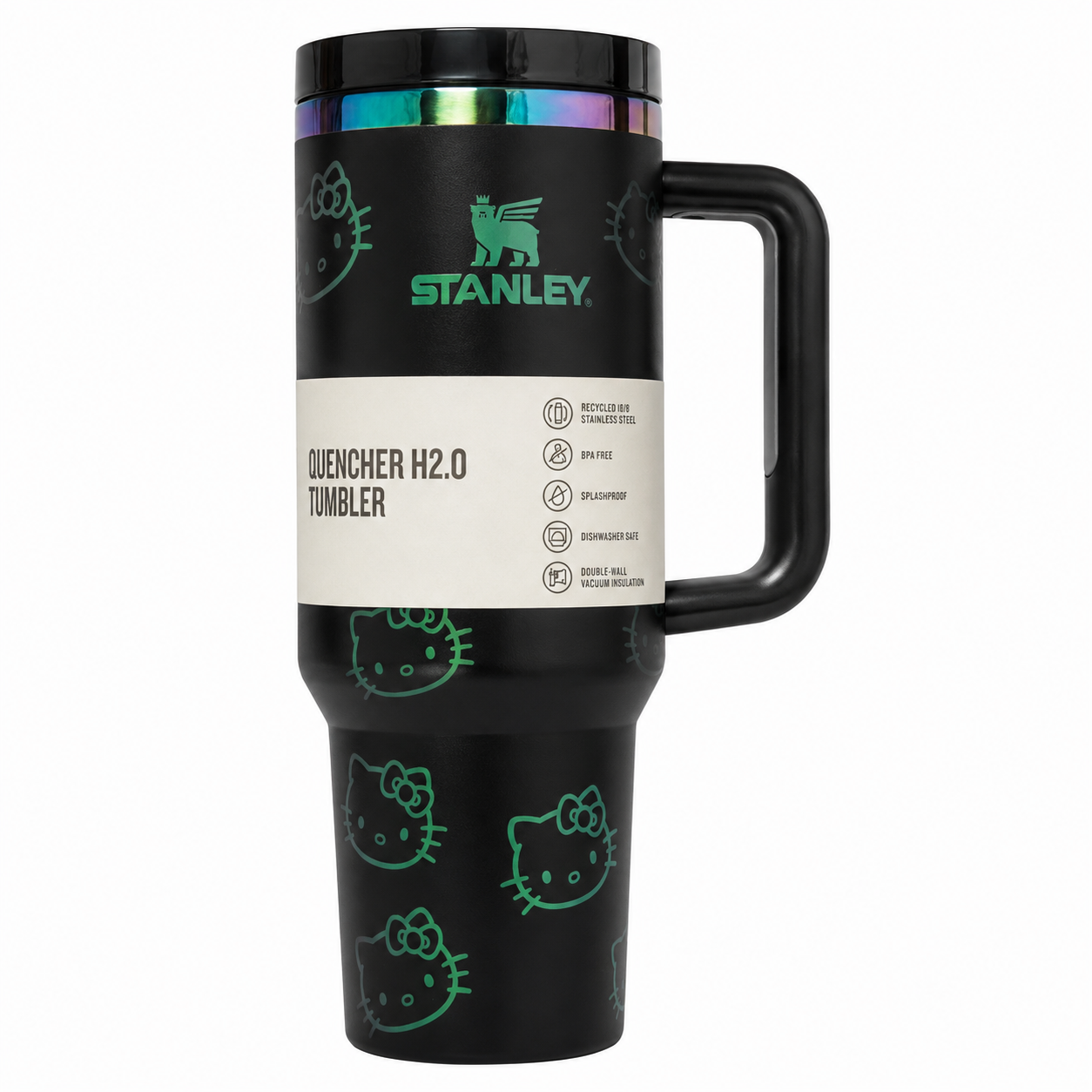 Stanley Quencher H2.0 FlowState tumbler 40 oz in Hello Kitty black, stainless steel with handle and straw
