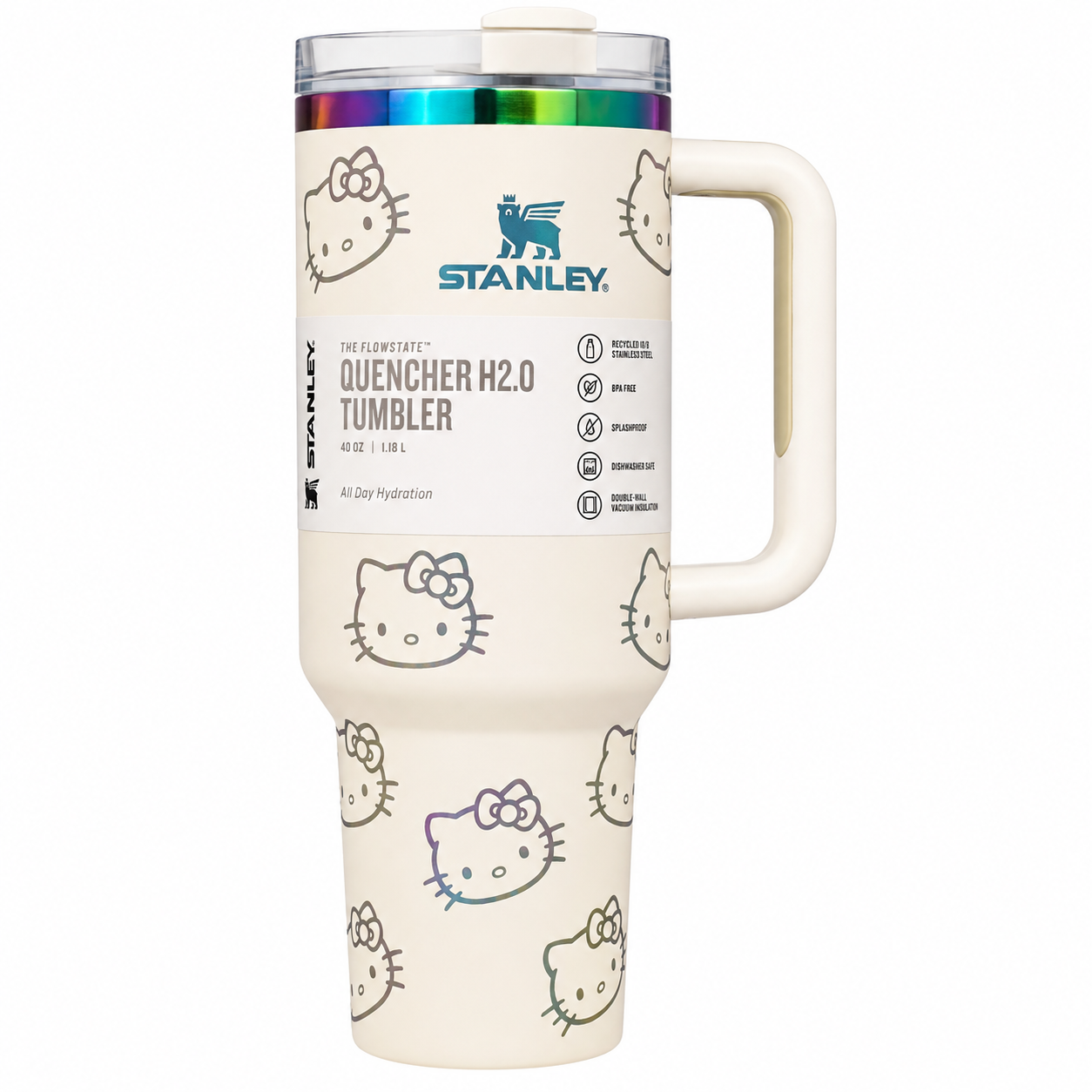 Stanley Quencher H2.0 FlowState tumbler 40 oz in Hello Kitty white, stainless steel with handle and straw