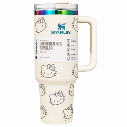 Stanley Quencher H2.0 FlowState tumbler 40 oz in Hello Kitty white, stainless steel with handle and straw
