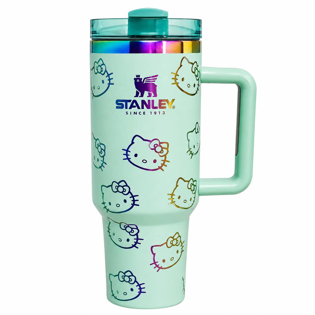 Stanley Quencher H2.0 FlowState tumbler 40 oz in Hello Kitty green, stainless steel with handle and straw