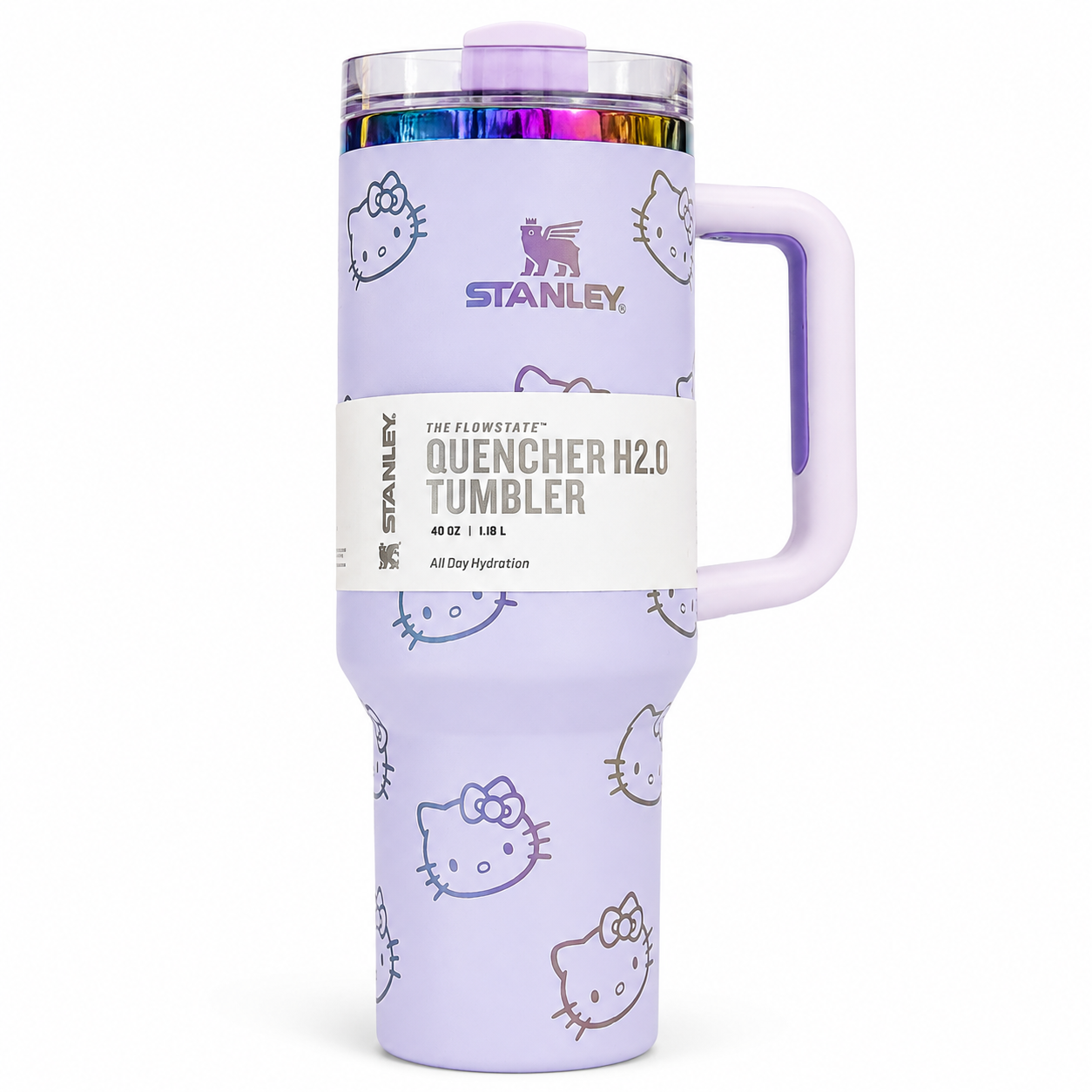 Stanley Quencher H2.0 FlowState tumbler 40 oz in Hello Kitty purple, stainless steel with handle and straw