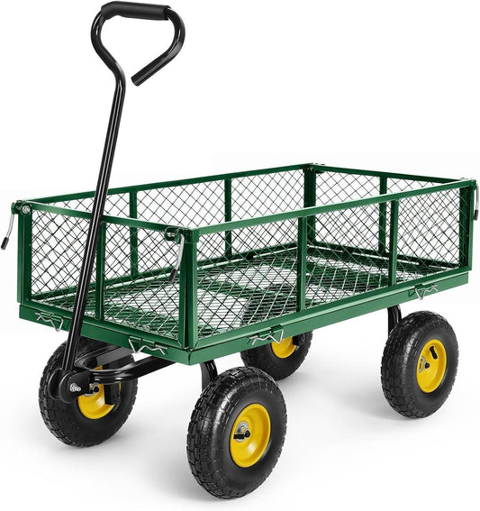 Heavy Duty Foldable Trolley Cart 360kg - Metal Mesh Utility Wagon with Adjustable Handle, Green