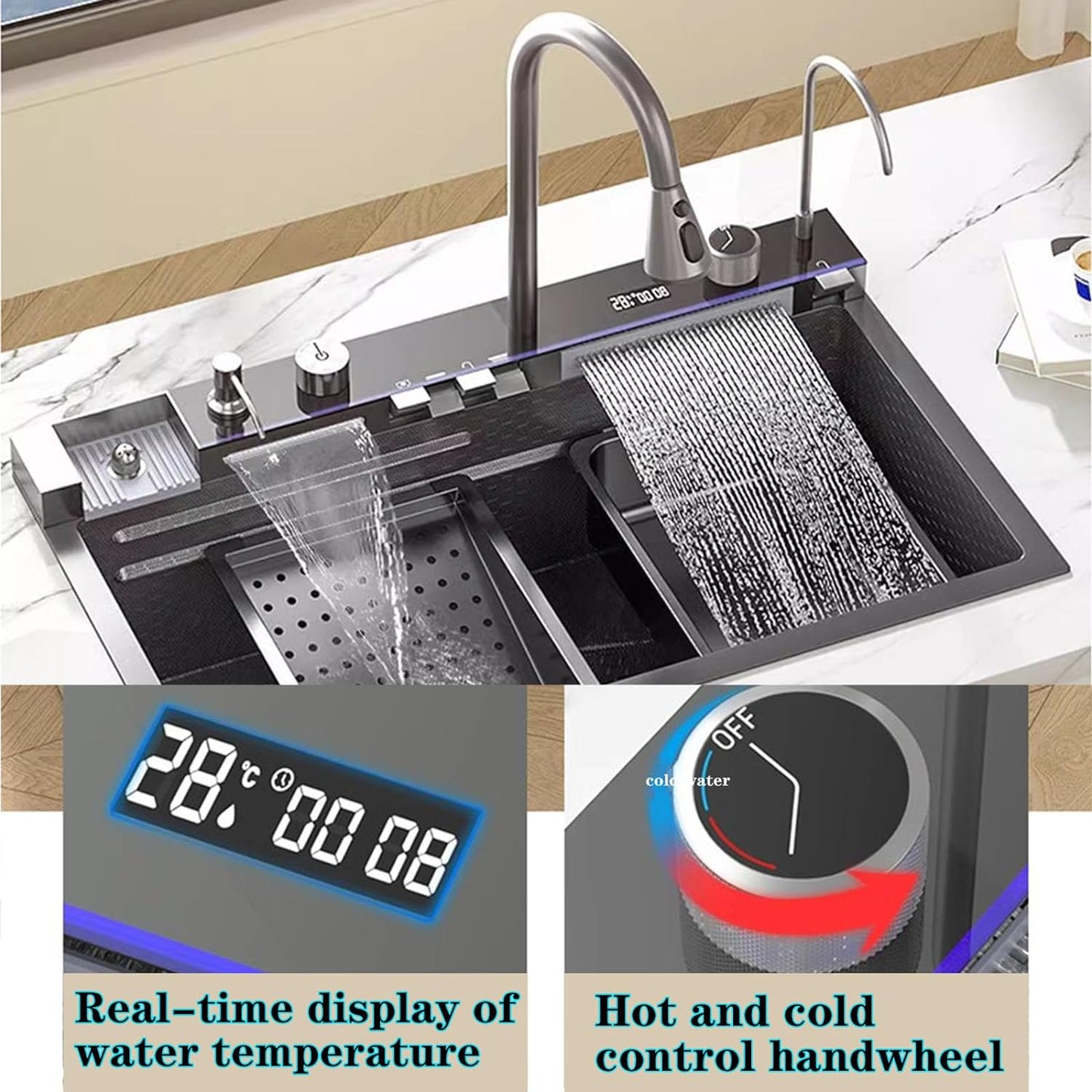TAZEET Digital Waterfall Kitchen Sink – Cup Washer, Soap Dispenser, LED Temp Display, Nano Stainless Steel Workstation - image 4