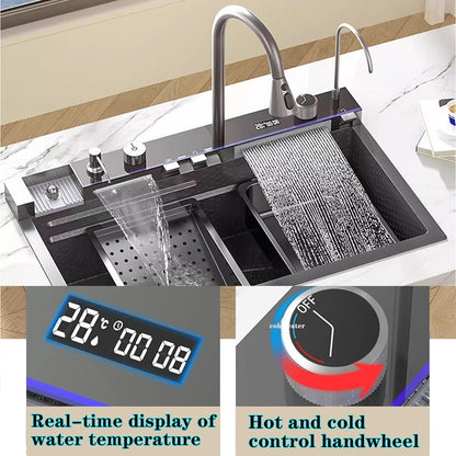 TAZEET Digital Waterfall Kitchen Sink – Cup Washer, Soap Dispenser, LED Temp Display, Nano Stainless Steel Workstation - image 4