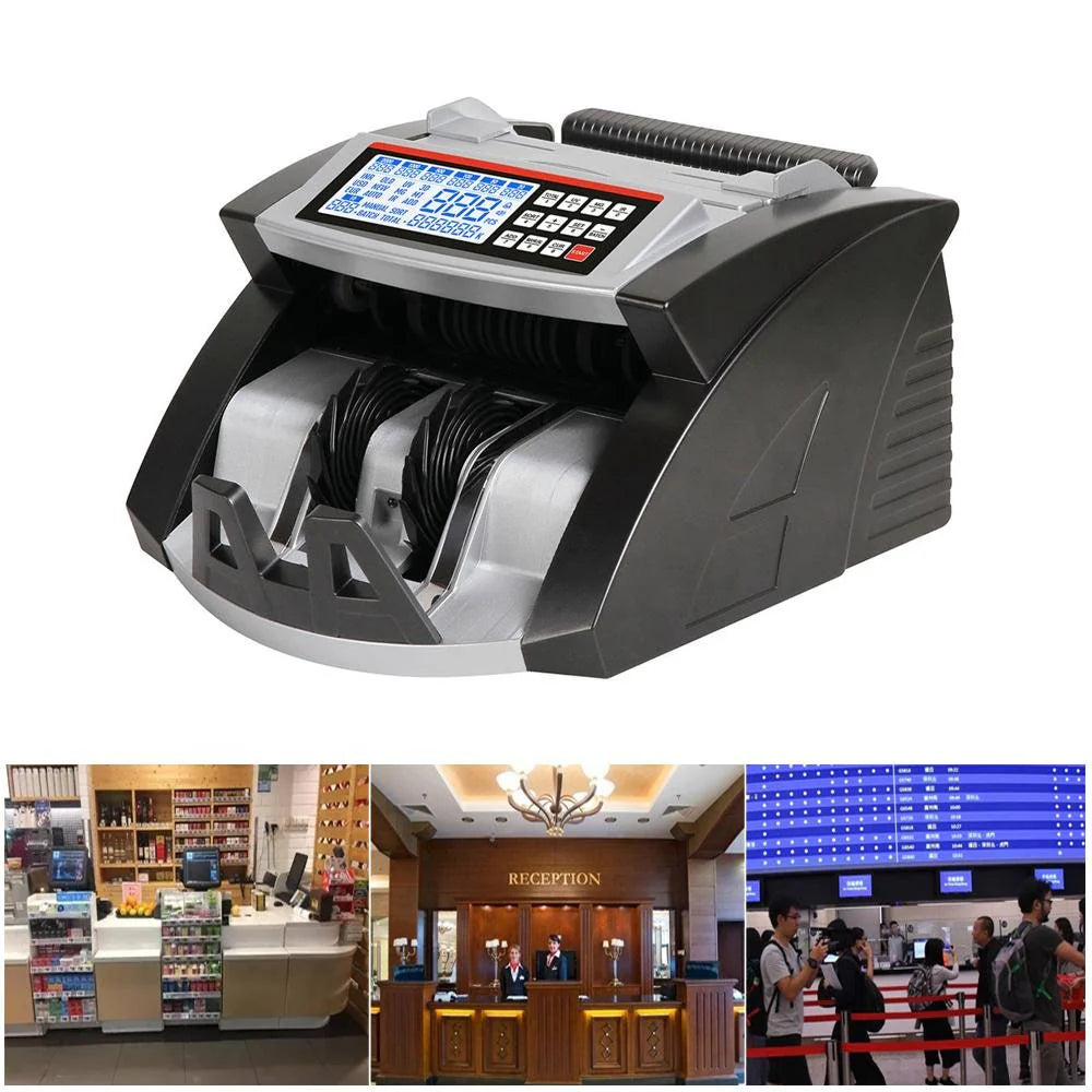 Money counting machine with three smaller images of a store, hotel reception, and airport terminal.