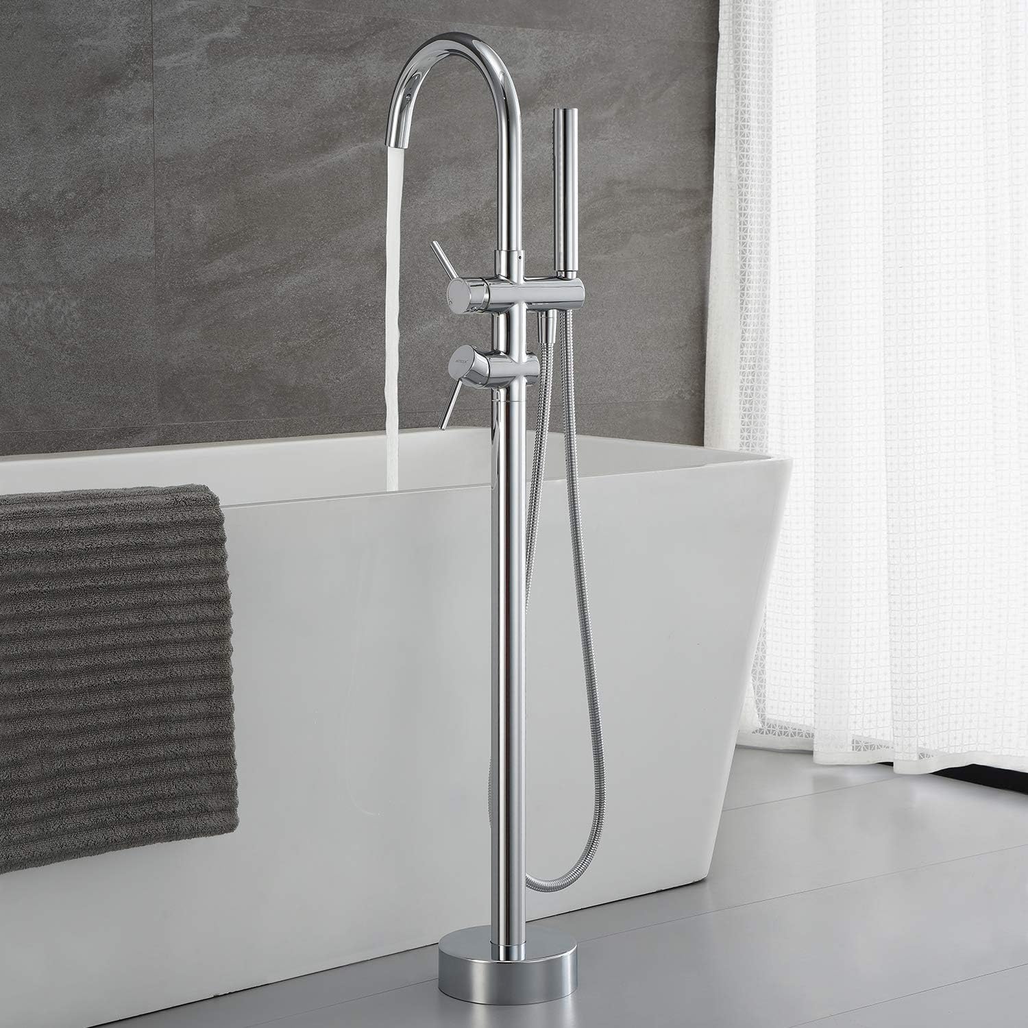 Freestanding Bathtub Faucet Tub Filler - Chrome Floor Mounted Brass Faucet with Handheld Shower - image 7