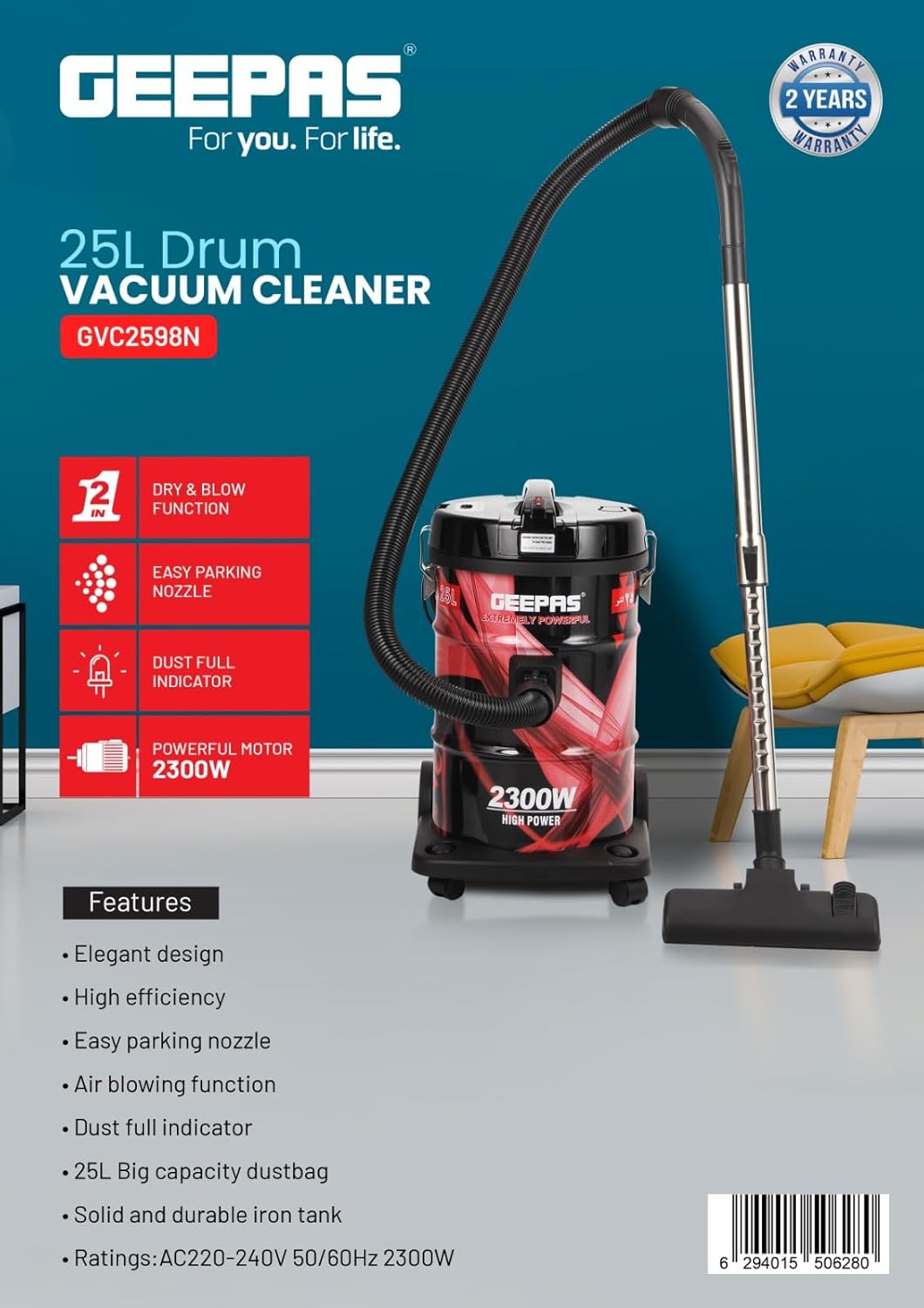 Geepas 2-in-1 Wet and Dry Vacuum Cleaner 2300W - product image 2