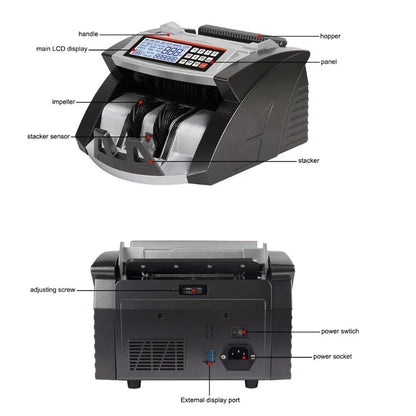 Diagram of a money counting machine with labeled parts on a white background