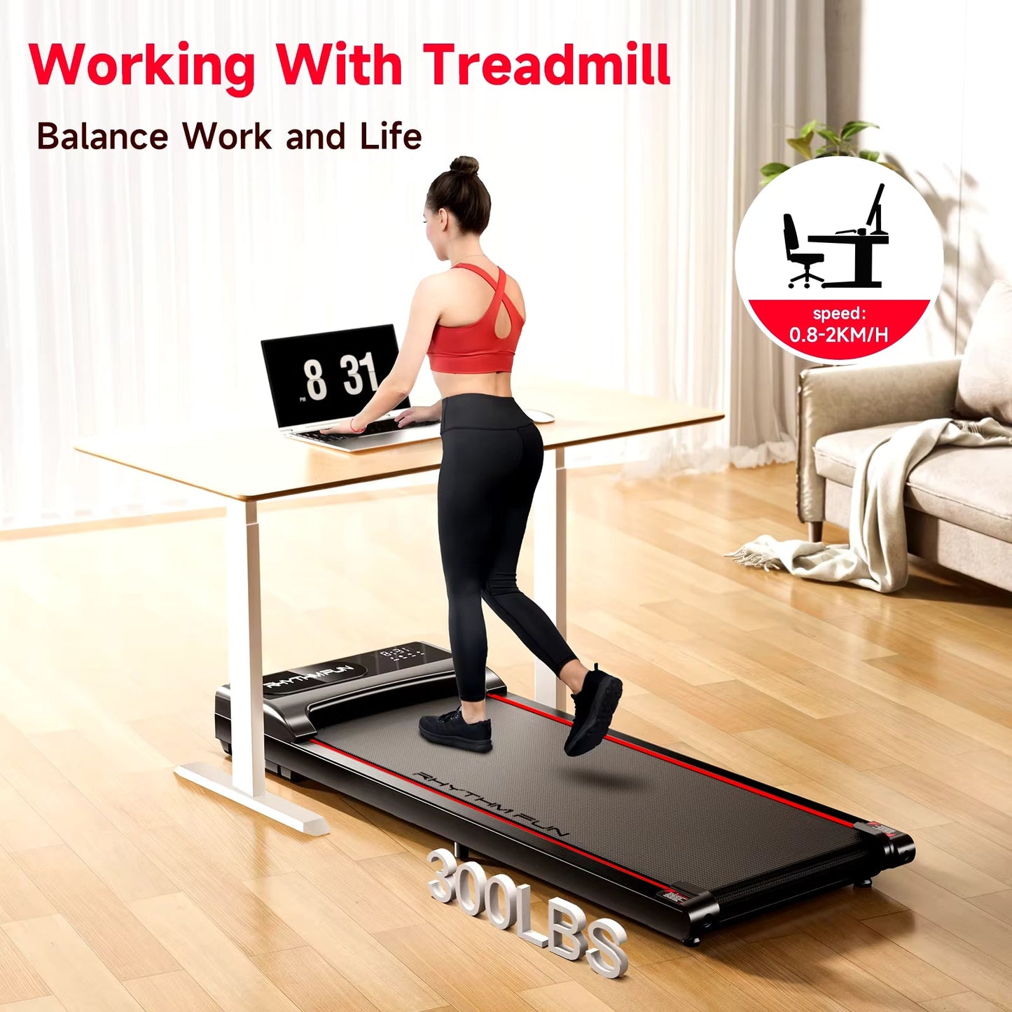 RHYTHM FUN EM-1306 Under Desk Walking Pad - Quiet 2HP Treadmill - product image 9