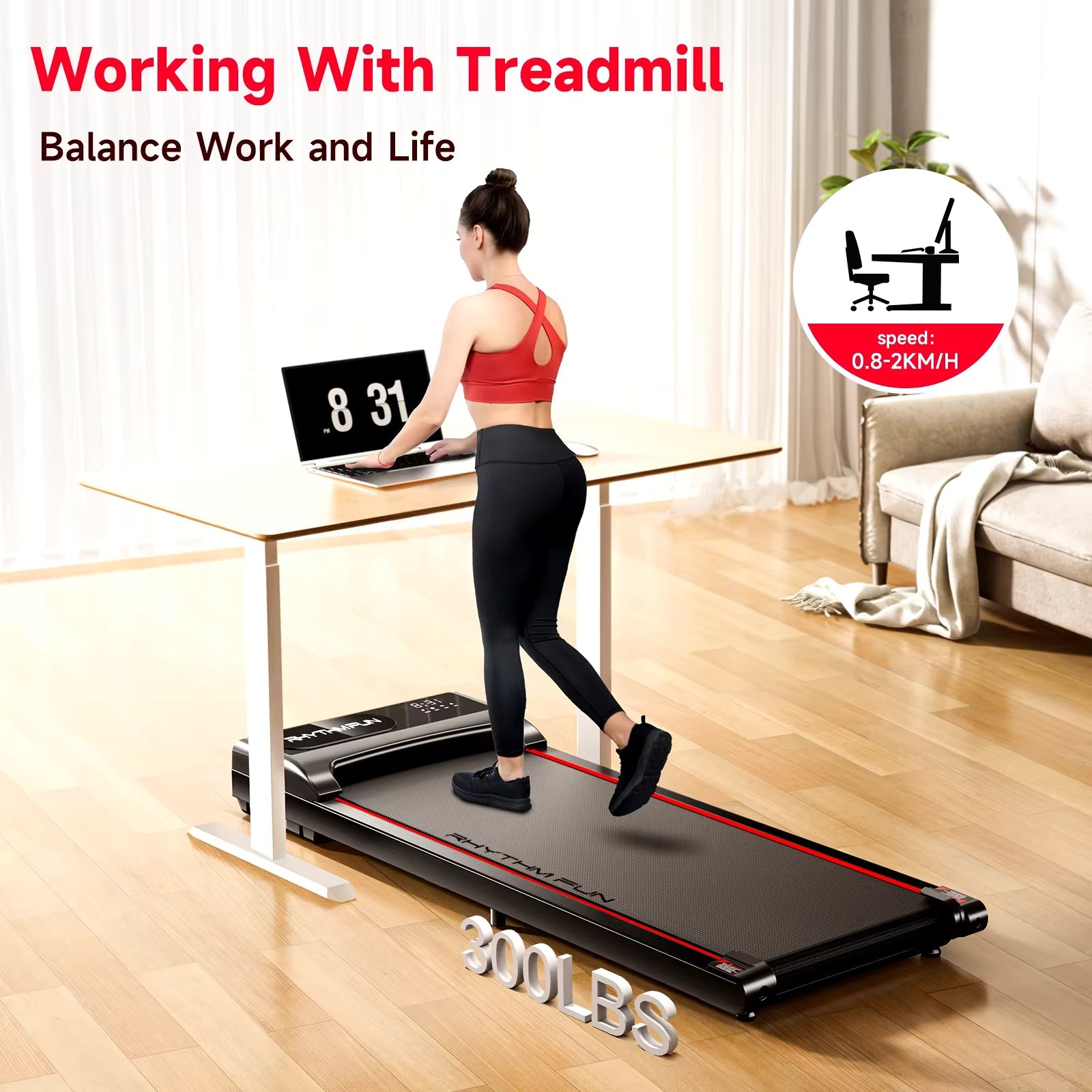 RHYTHM FUN EM-1306 Under Desk Walking Pad - Quiet 2HP Treadmill - product image 9