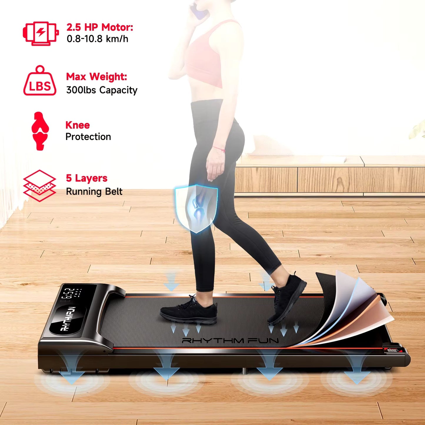 RHYTHM FUN EM-1306 Under Desk Walking Pad - Quiet 2HP Treadmill - product image 7