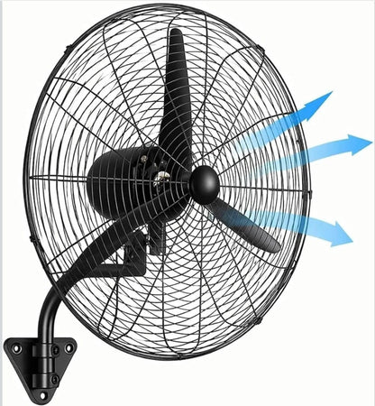 Black industrial wall fan angled view with airflow direction graphic
