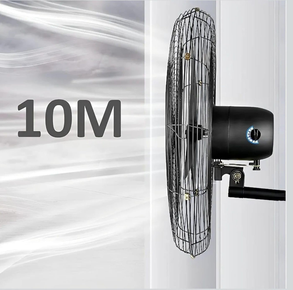 Side view of industrial wall fan with airflow reach graphic