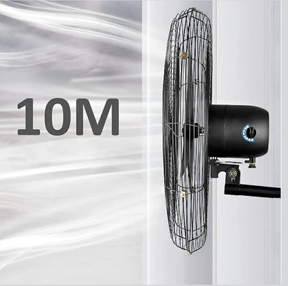 Side view of industrial wall fan with airflow reach graphic