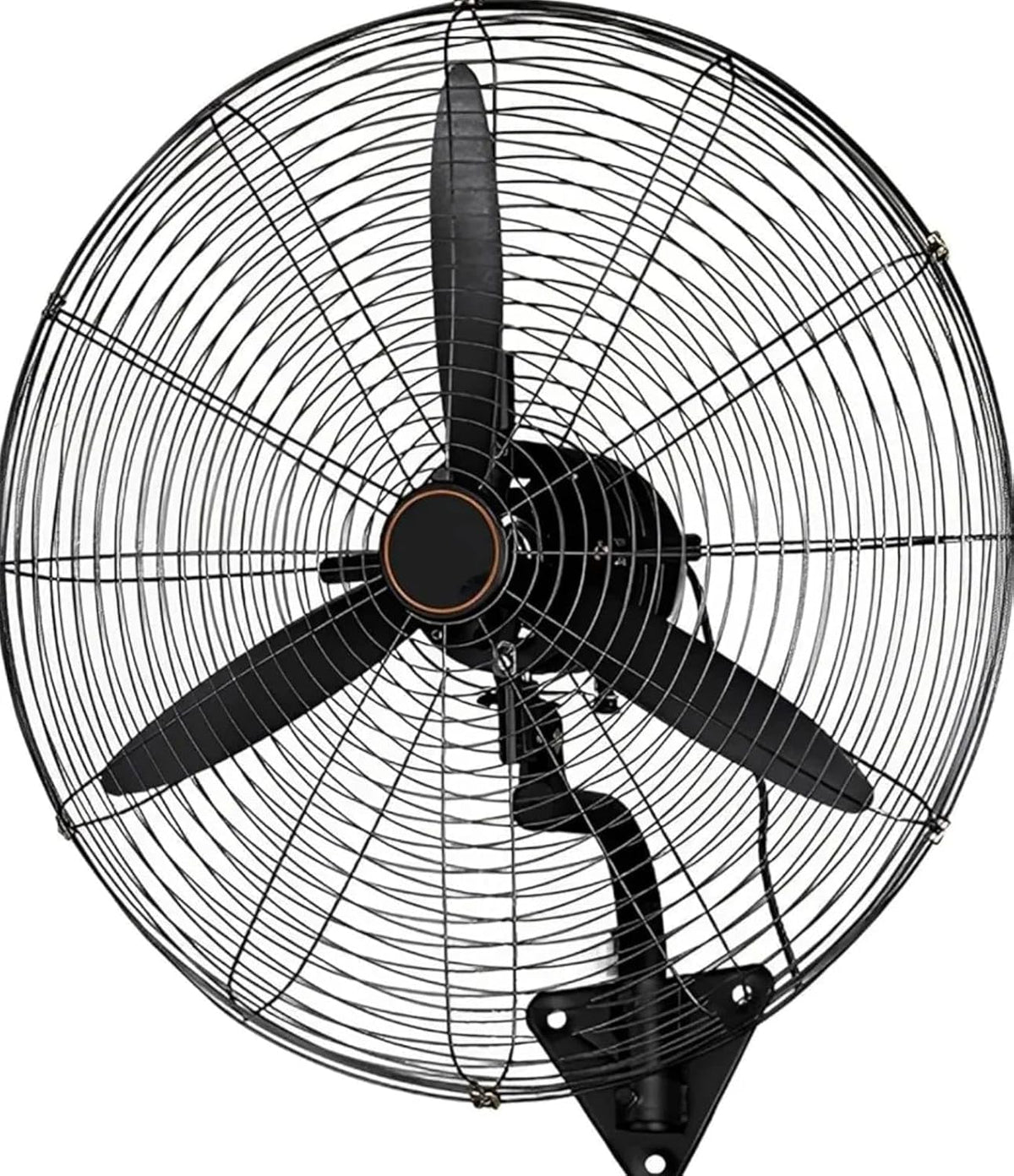Black industrial wall-mounted fan with three metal blades