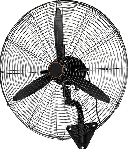 Black industrial wall-mounted fan with three metal blades