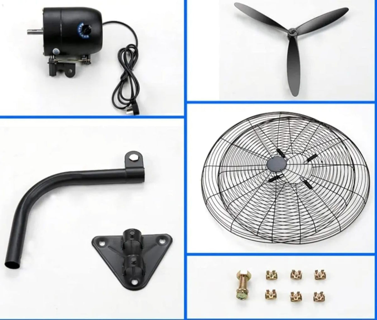 Industrial wall fan components including motor, blade, guard and mounting bracket