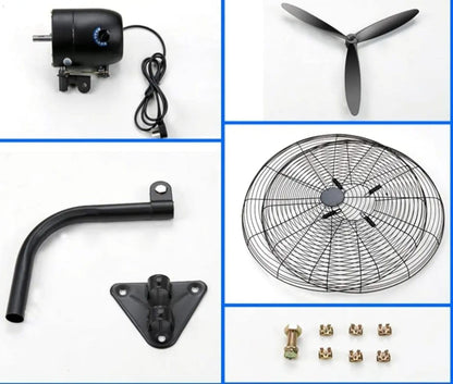 Industrial wall fan components including motor, blade, guard and mounting bracket
