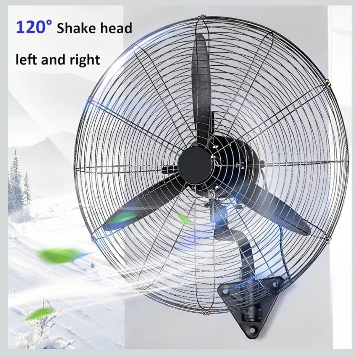Black wall-mounted fan graphic showing 120 degree horizontal oscillation