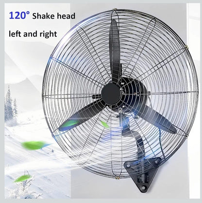 Black wall-mounted fan graphic showing 120 degree horizontal oscillation