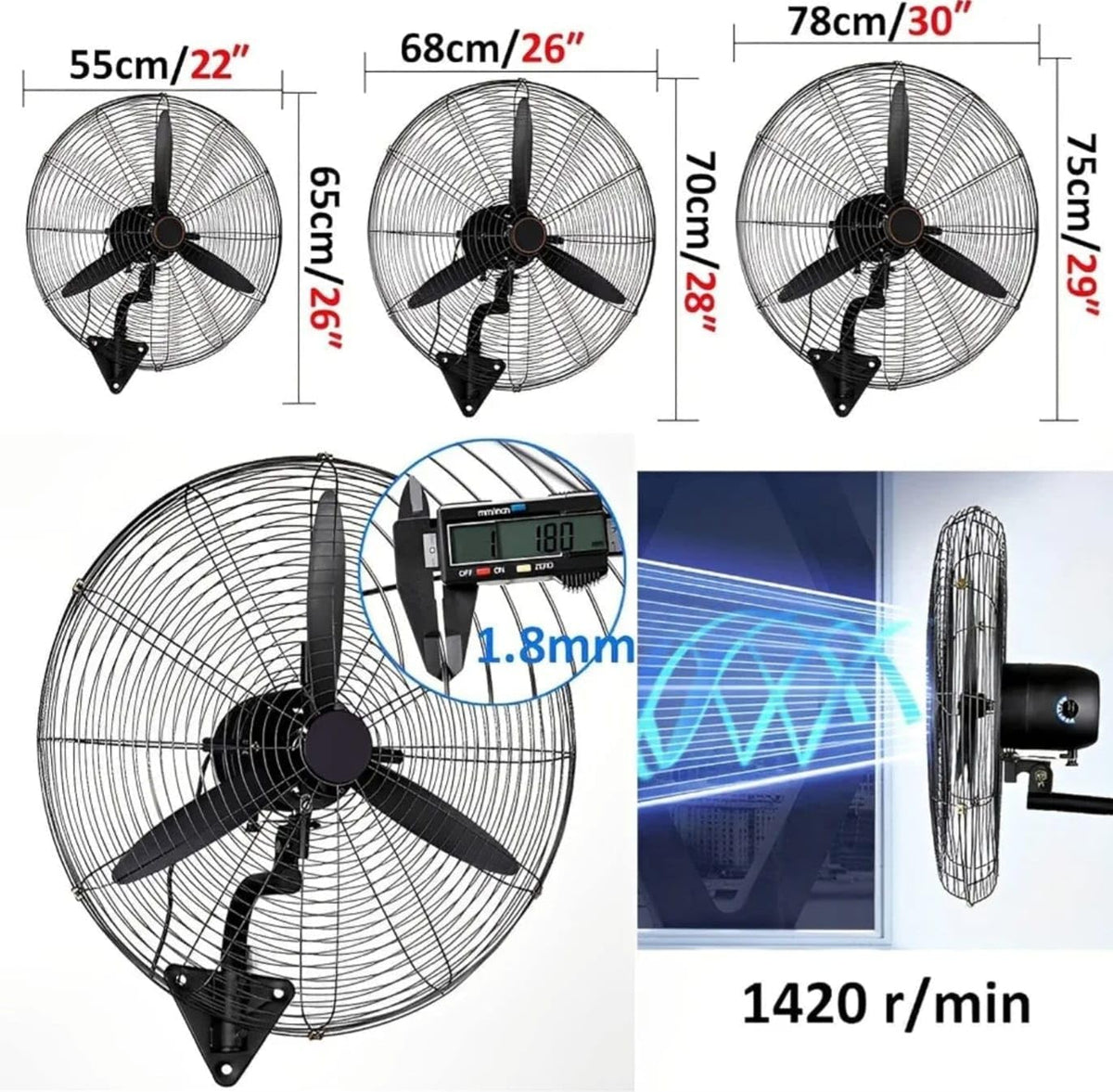 Industrial wall fan size and specification diagram