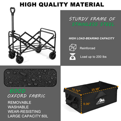 KOMSURF Foldable Utility Wagons Heavy Duty Folding Grocery Cart on Wheels, 200 lbs Capacity with Side Pockets for Garden, Shopping, Sporting and Beach Outdoor Use - Tazeet.com