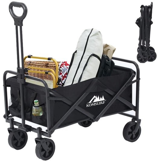 KOMSURF Foldable Utility Wagons Heavy Duty Folding Grocery Cart on Wheels, 200 lbs Capacity with Side Pockets for Garden, Shopping, Sporting and Beach Outdoor Use - Tazeet.com