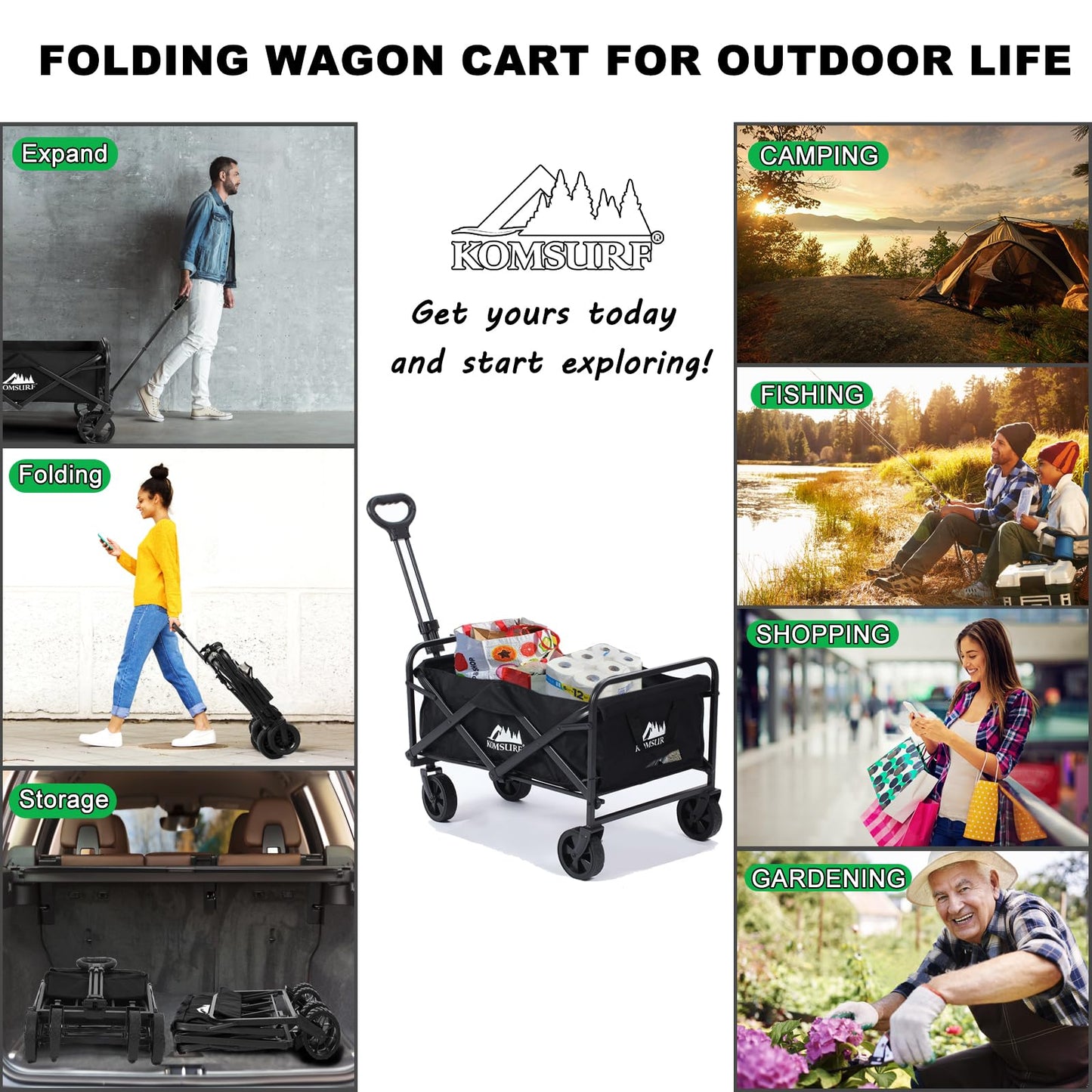 KOMSURF Foldable Utility Wagons Heavy Duty Folding Grocery Cart on Wheels, 200 lbs Capacity with Side Pockets for Garden, Shopping, Sporting and Beach Outdoor Use - Tazeet.com