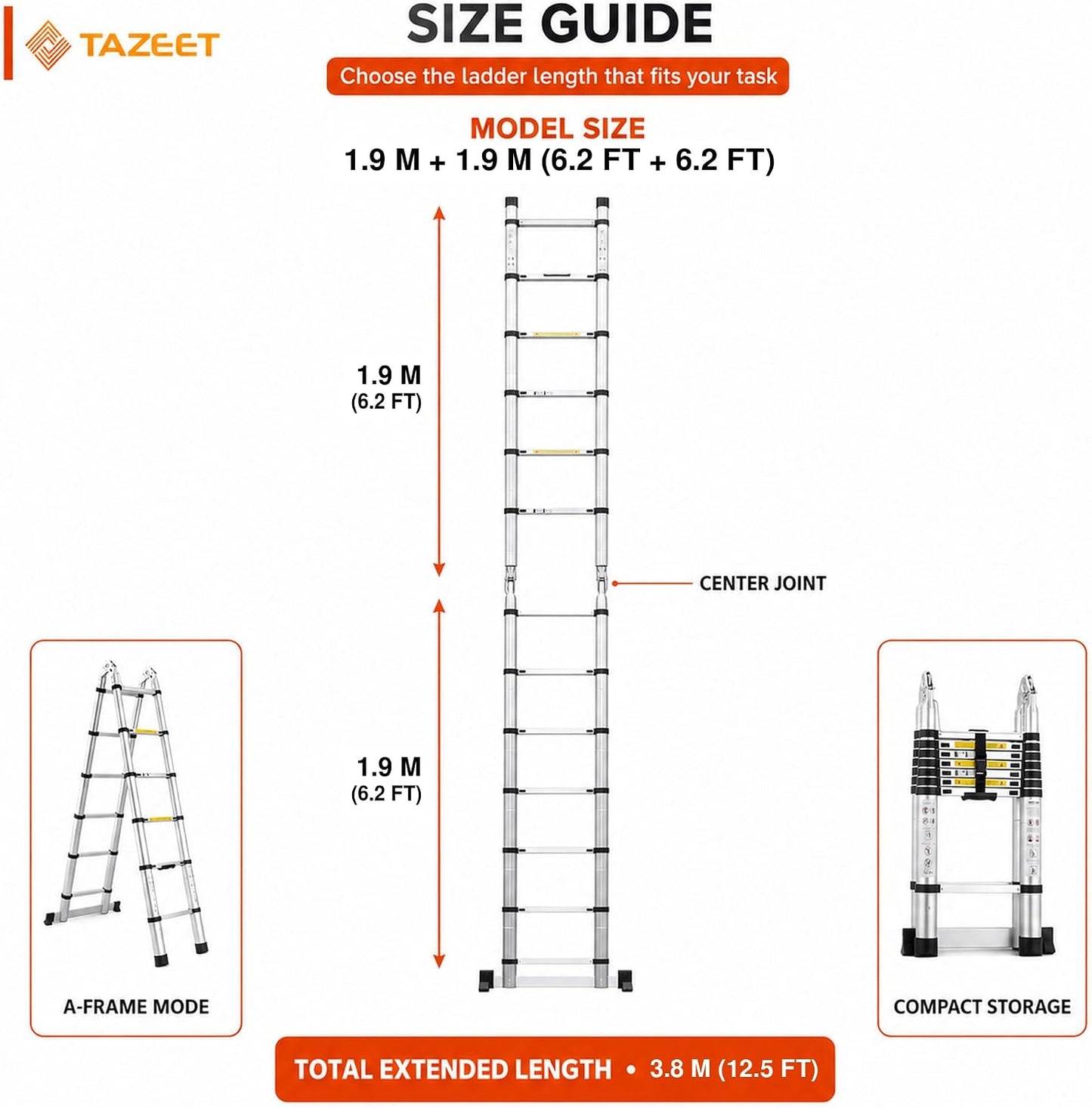 TAZEET Aluminum Telescoping Ladder, A-Frame & Extension, Balance Bar – 1.6m+1.6m to 4.0m+4.0m