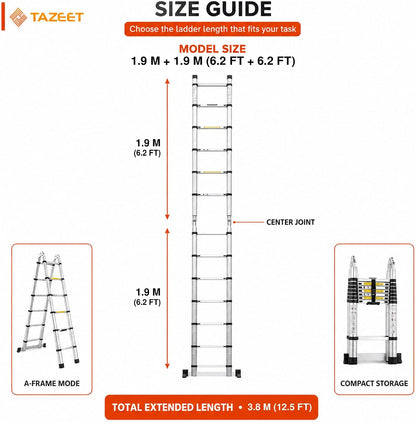 TAZEET Aluminum Telescoping Ladder, A-Frame & Extension, Balance Bar – 1.6m+1.6m to 4.0m+4.0m